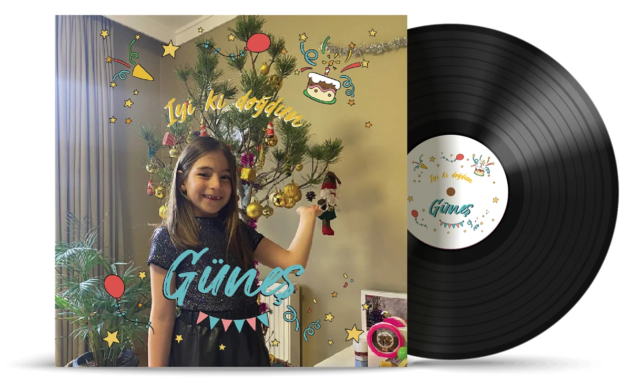 Kişiye özel doğum günü plağı — kapağı ve orta etiketiyle lathe cut vinil plak